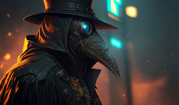 Plage doctor wearing a hat and a long coat cyberpunk dystopian art apocalypse art steampunk