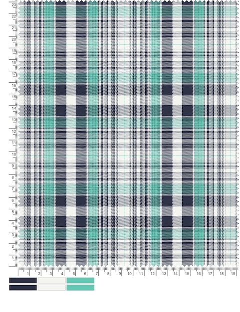 Plaid fabric in blue and green with a ruler to measure the word plaid.