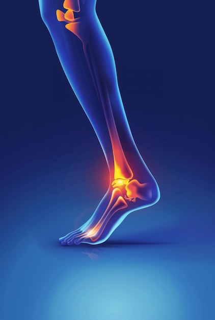 A plain blue background with an isometric illustration of the ankle in pain