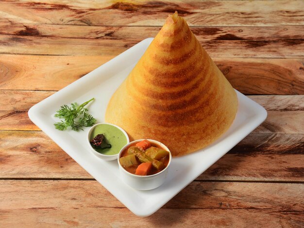 Plain Dosa a south Indian traditional and popular Breakfast served with chutney and sambar over a rustic wooden background selective focus