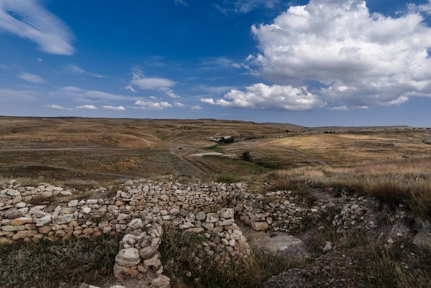 Plain and steppe with dry grass under a blue sky against background of mountains in Crimea