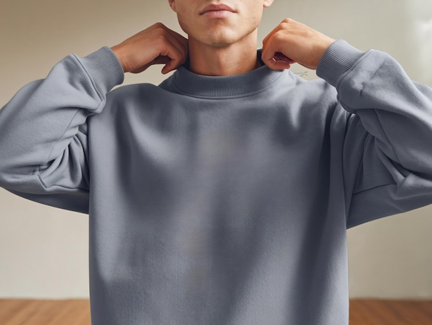 Photo plain sweatshirt mockup model cozy minimalistic setting clean blank surface