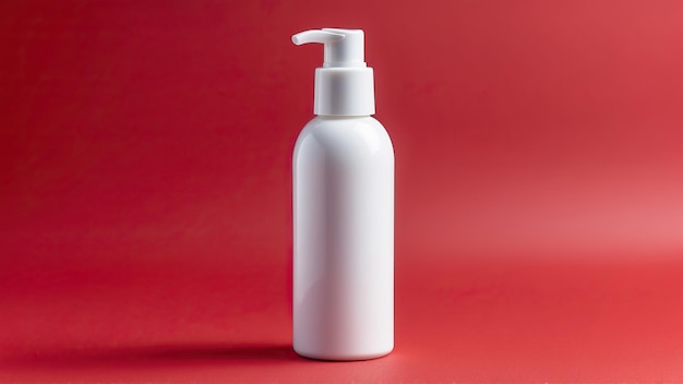 Plain white cosmetic bottle with a red background minimalist beauty packaging concept