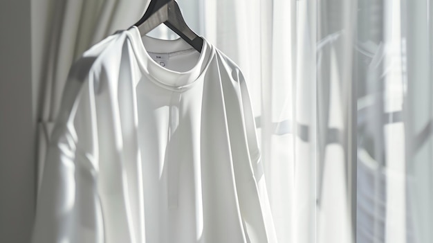 A plain white shirt hangs on a hanger in front of a window