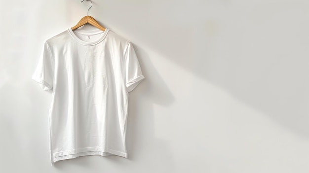 Plain white tshirt hanging on wooden hanger on white background