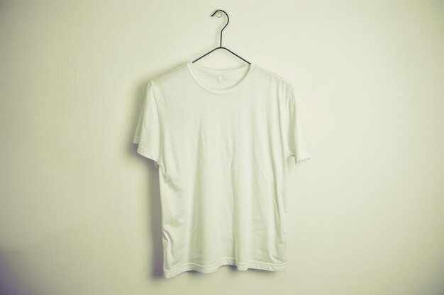 Photo a plain white tshirt hangs from a black hanger against a white wall the shirt is smooth and wrinklefree creating a minimalist and clean aesthetic