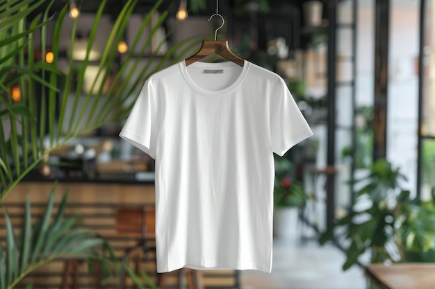 A plain white tshirt hangs on a wooden hanger in a cafe setting