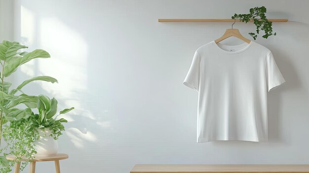 Photo a plain white tshirt is displayed on a hanger indoors surrounded by plants and set against a textured wall for a clean minimalist look