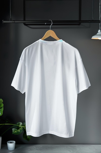 A plain womens white tshirt hanging on an iron hanger back view in the style of a mockup flat lay