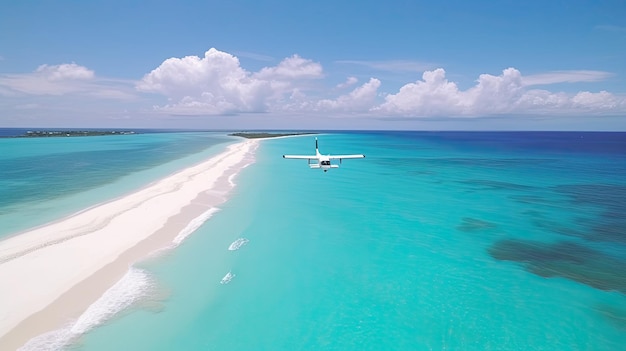 Plane over a beautiful beach in the caribbean