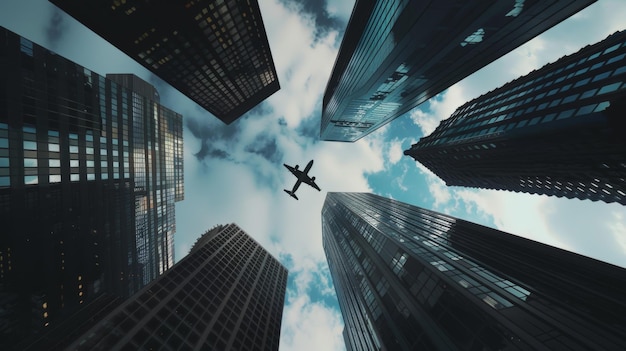 Plane captured between skyscrapers soaring above symbolizing travel and urban progress