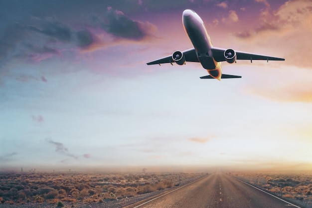 plane in desert sunset