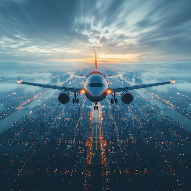 A plane flies across the sky with blurry city buildings on both sides and speed lines behind it