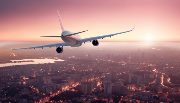 The plane flies against the backdrop of the city at sunrise