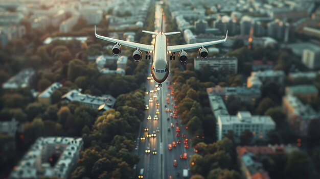 Photo a plane flies over a busy highway with a city in the background