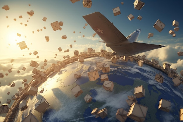 A plane flies over the earth with boxes on it.