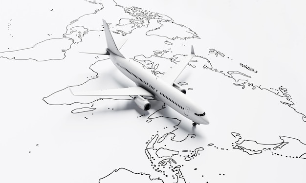 Plane flies above white paper map of the world travel background Travel and wanderlust concept 3D illustration rendering