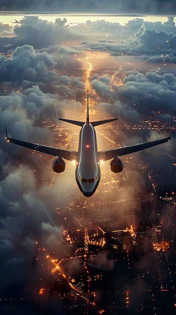 a plane flying over the city at night