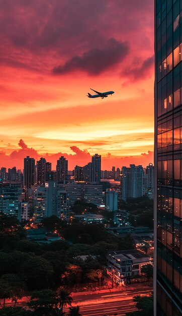 Photo a plane flying over a city with a sunset in the background