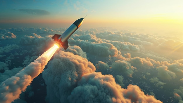 Photo a plane flying above the clouds at sunset