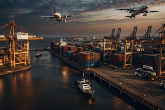 Photo a plane flying over a container ship and a cargo ship