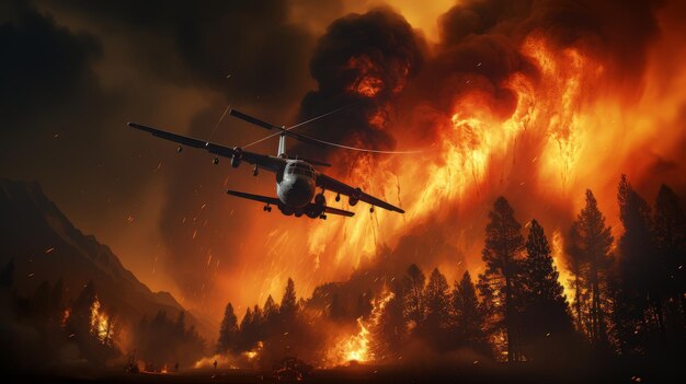 Plane Flying Over Forest Fire