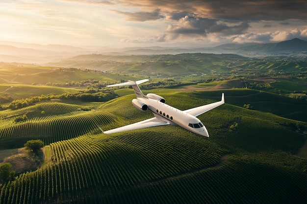 Photo a plane flying over a green field with a sky background