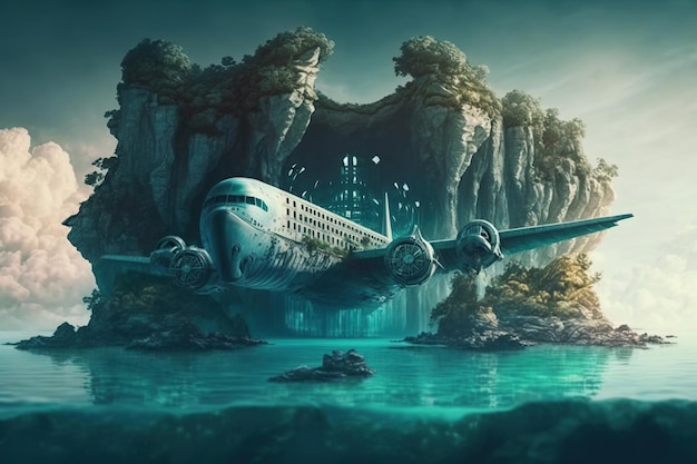 A plane flying above an island surrealistic travel