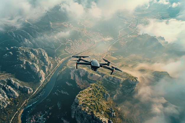 Photo a plane flying over a mountain with a river and a valley below