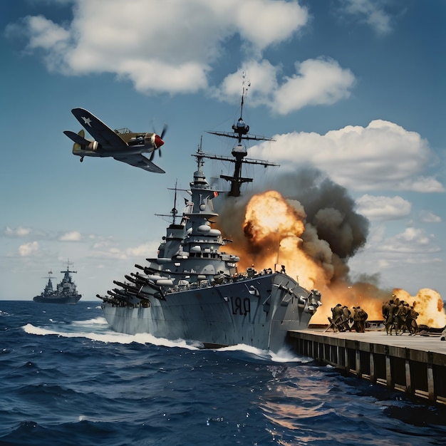 a plane flying over a ship with the words navy on it