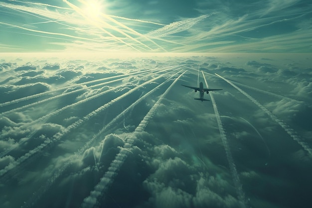 a plane flying in the sky above the clouds