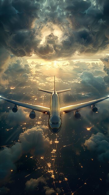 a plane flying in the sky with the sun shining through the clouds