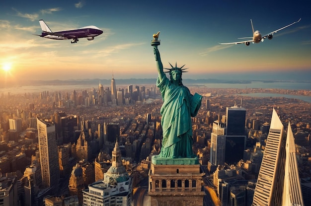 a plane flying over the statue of liberty is flying over a city