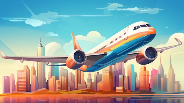 Plane flying through a city skyline with buildings and vector illustration Vacation travel concept