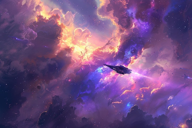 a plane flying through the clouds with the purple and blue lights