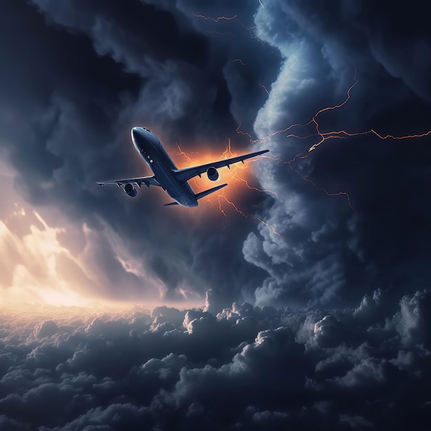 A plane flying through a scary cloud at the darkest hour