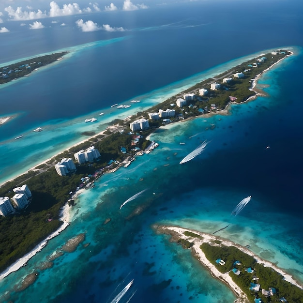 Photo a plane flying over a tropical island with many buildings on the water stunning aerial view