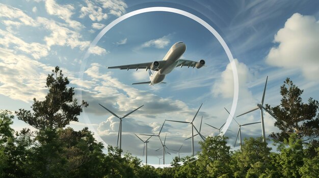 Photo a plane flying over wind turbines in the sky