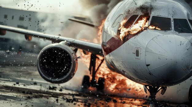 Photo plane ignition the dramatic scene of an aircraft catching fire on the runway intensity of aviation disasters and the critical need for swift action as flames and smoke rise swiftly