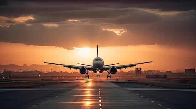 A plane is about to take off from a runway at sunset.