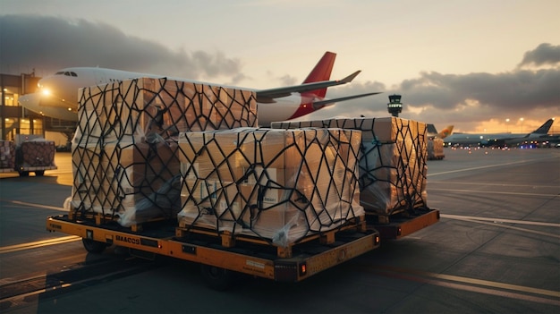 a plane is carrying cargo on a trailer with a red tail