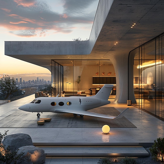 a plane is on display in a house with a view of the city