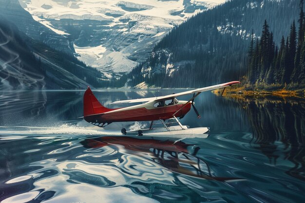 a plane is floating on a lake with a mountain in the background