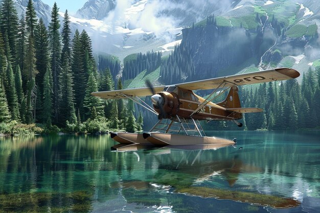 a plane is floating on a lake with a mountain in the background