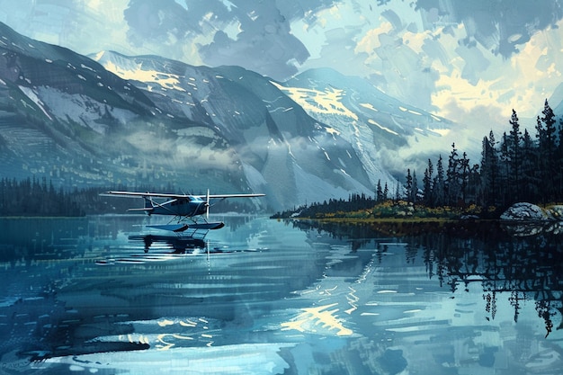 a plane is floating in the water with mountains in the background