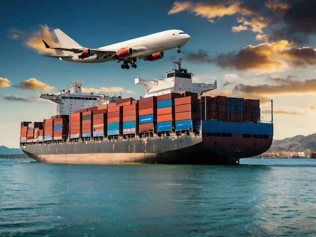 a plane is flying over a cargo ship