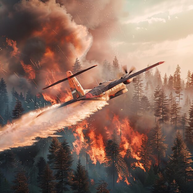 a plane is flying over a forest with trees in the background