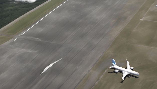 a plane is flying over a highway with a white arrow