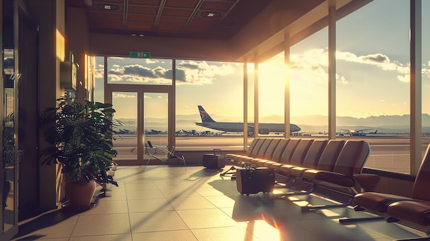 a plane is flying over a large airport terminal