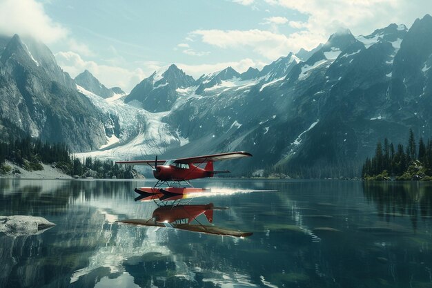 a plane is flying over a mountain lake with a reflection of mountains in the water